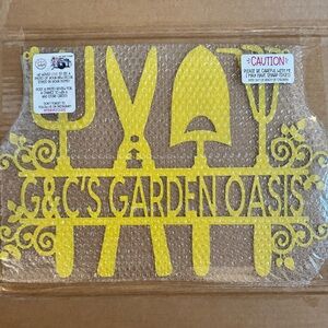 Custom made, metal, yellow garden sign.